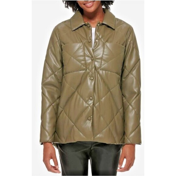 Calvin Klein Women's Jacket Faux Leather Quilted Coat Olive Green size S - Picture 2 of 7